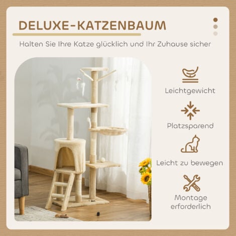 PawHut Kratzbaum 134,2 cm Katzenturm mit Höhle, 2 Spielzeuge Sisalstämme, große Plattform, Treppe, mehrstöckiger Katzenkratzbaum, Kletterbaum, für mittelgroße Katzen, Beige+Weiß