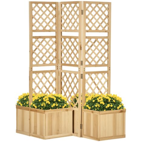 Outsunny Hochbeet mit Klappbarem Spalier, Pflanzkasten mit Sichtschutz, 133 x 165 cm Raumteiler mit 4 Blumenkasten, Raumtrenner für Balkon, Tannenholz, Natur (1/5)