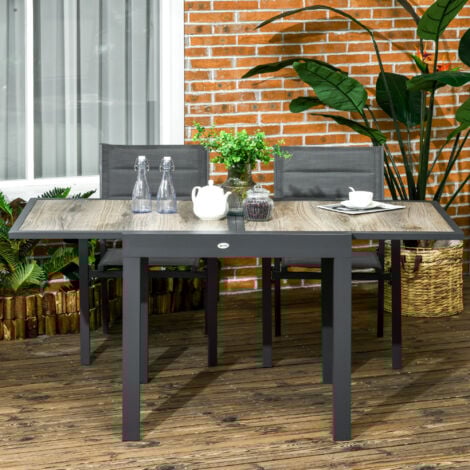 Outsunny Gartentisch, Esstisch für Garten mit Ausziehbarer Tischplatte, Terrassentisch mit Holzoptik, Balkontisch aus Alu, Beige+Grau, 160 x 80 x 75cm