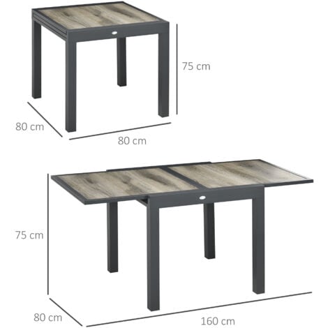 Outsunny Gartentisch, Esstisch für Garten mit Ausziehbarer Tischplatte, Terrassentisch mit Holzoptik, Balkontisch aus Alu, Beige+Grau, 160 x 80 x 75cm