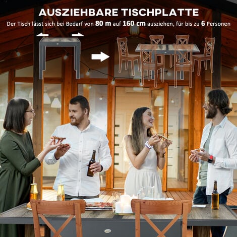 Outsunny Gartentisch, Esstisch für Garten mit Ausziehbarer Tischplatte, Terrassentisch mit Holzoptik, Balkontisch aus Alu, Beige+Grau, 160 x 80 x 75cm