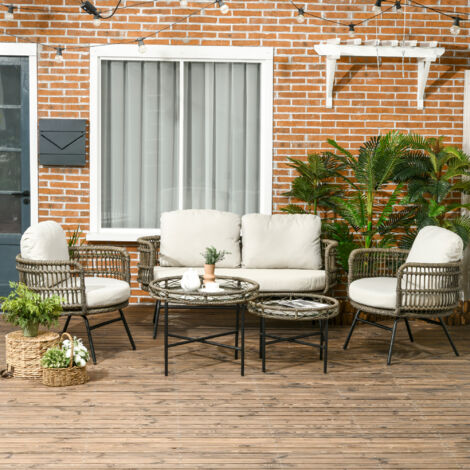 Outsunny 5-tlg. Gartenmöbel-Set, Gartengarnitur mit Ecksofa, Doppelsofa, Couchtisch, Balkonmöbel-Set mit Sitzkissen, Gartenlounge-Set für Terrasse, Balkon, Grau