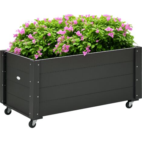 Outsunny Hochbeet Massivholz, Pflanzbeet mit Rollen, Frühbeet Gartenbeet Blumenkasten, Pflanzkasten Pflanzkübel 89x48x47cm für Garten, Terrasse, Blumenkübel für Kletterpflanzen, Blumen, Schwarz