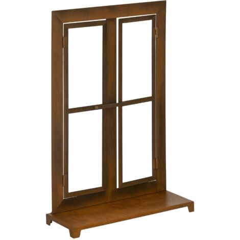Outsunny Eisenfenster, Edelrost Sprossenfenster, 55 x 80 cm Fensterrahmen mit Schwelle und Riegel, Gartendekoration für Balkon, Terrasse, Rustikal-Braun