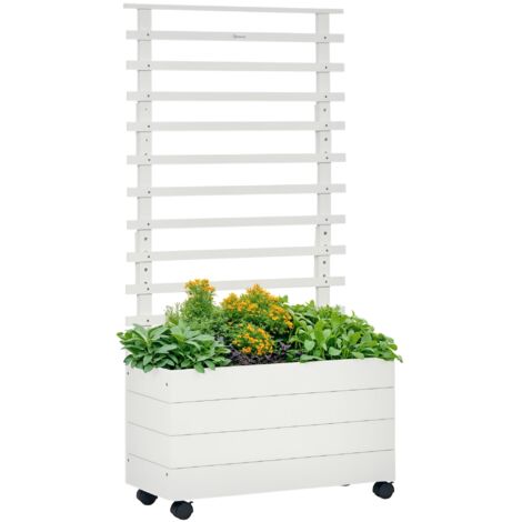 Outsunny Pflanzkasten mit Rankgitter, Blumenkasten mit Rollen, Hochbeet für Kletterpflanzen, Garten, Naturholz, Weiß, 76 x 30 x 155 cm