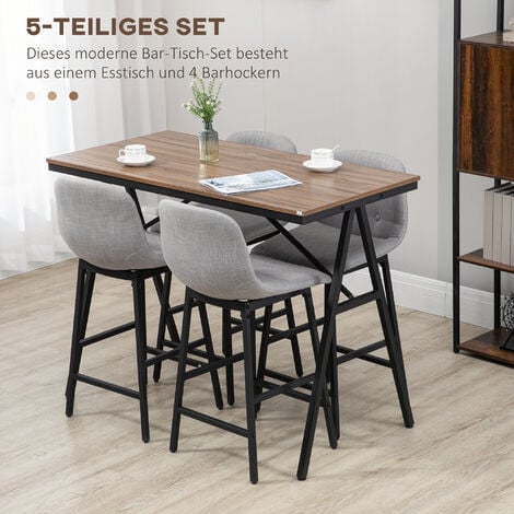 HOMCOM Bartisch mit Barhocker Set, 5-teilige Essgruppe, Küchentisch, Bistrotisch mit 4 Stühlen, Bartisch Set für Küche, Wohnzimmer, Stahl, Hellgrau, 120 x 60 x 91 cm