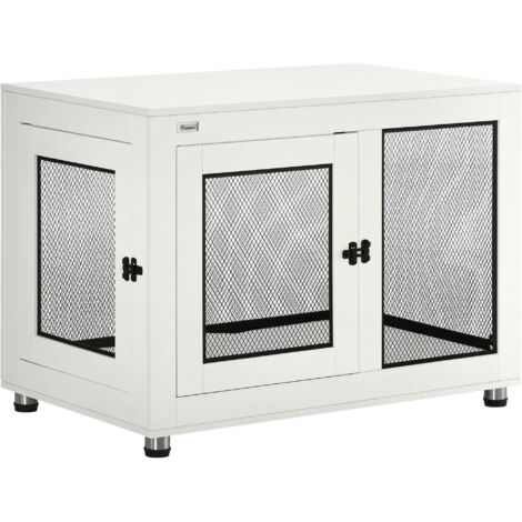 PawHut Hundekäfig Möbel mit 2 Türen waschbaren Kissen moderne Stahl Hundebox für Zuhause Indoor Hundehütte für große Hunde bis zu 30 kg Hundehaus 94x60x71,5 cm Weiß