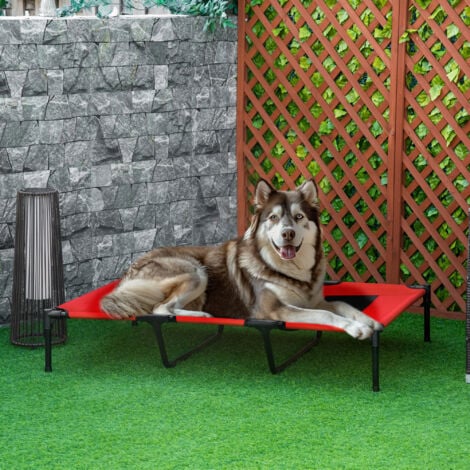 PawHut Hundeliege Outdoor, Erhöhtes Hundebett für Groß Hunde, Kühlende Haustierliege mit Waschbares Mesh robuster Metallrahmen, Haustierbett für Reisen Garten Outdoor, 122 x 92 x 23 cm, Rot