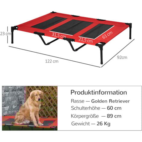 PawHut Hundeliege Outdoor, Erhöhtes Hundebett für Groß Hunde, Kühlende Haustierliege mit Waschbares Mesh robuster Metallrahmen, Haustierbett für Reisen Garten Outdoor, 122 x 92 x 23 cm, Rot