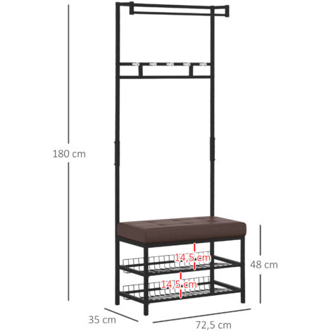 HOMCOM Garderobenständer Kleiderständer mit 5 Haken und Schuhbank mit 2 Ebenen Garderobe aus Metall für Flur, Schlafzimmer, 72,5 x35 x 180cm