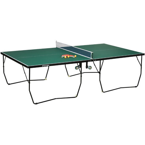 SPORTNOW Tischtennisplatte, Große Tischtennistsich mit klappbares Untergestell Netz, Rollen, 2 Tischtennisschlägern 3 Bällen, Schneller Aufbau, Stahl, Grün, 274 x 152,5 x 76 cm