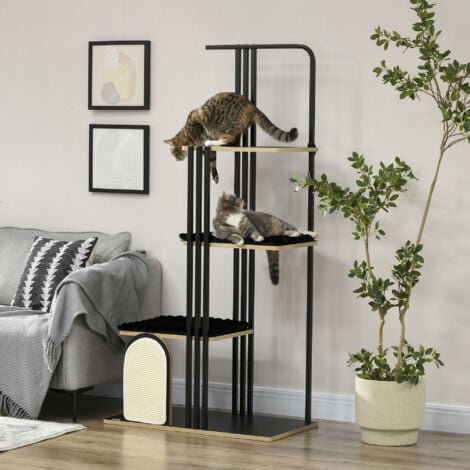 PawHut Katzenbaum 170 cm Kratzbaum mit Kissen Kletterbaum mit Kratzbrett, Katzenkratzbaum mit 3 Plattformen, Katzenmöbel, Stahl, Schwarz