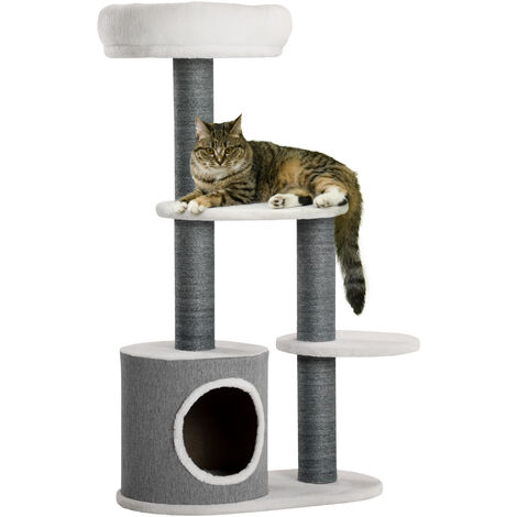 PawHut Kratzbaum Katzenbaum 98 cm Kletterbaum mit Kratzbrett, Katzenkratzbaum mit Katzenhöhle, 3 Plattformen, Katzenmöbel, Grau+Weiß