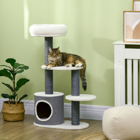 PawHut Kratzbaum Katzenbaum 98 cm Kletterbaum mit Kratzbrett, Katzenkratzbaum mit Katzenhöhle, 3 Plattformen, Katzenmöbel, Grau+Weiß