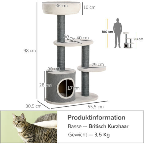 PawHut Kratzbaum Katzenbaum 98 cm Kletterbaum mit Kratzbrett, Katzenkratzbaum mit Katzenhöhle, 3 Plattformen, Katzenmöbel, Grau+Weiß