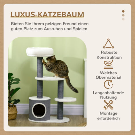 PawHut Kratzbaum Katzenbaum 98 cm Kletterbaum mit Kratzbrett, Katzenkratzbaum mit Katzenhöhle, 3 Plattformen, Katzenmöbel, Grau+Weiß