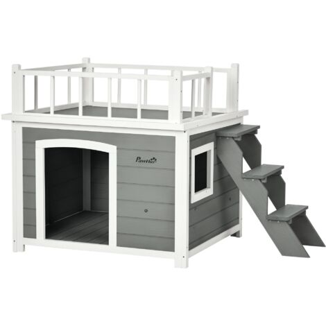 PawHut Hundehütte Hundehaus mit Balkon, Erhöhtes Kleintierhaus mit Treppe, Fenster, Hundehöhle für Mittele, Große Hunde, Tannenholz, Hellgrau, 121 x 77 x 78 cm