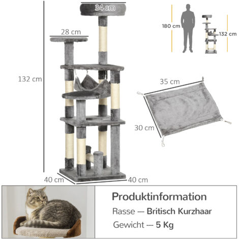 PawHut Katzenbaum Katzenkratzbaum Katzenspielturm Katzen Kletterbaum Kratzbaum Hängematte Grau L40 x B40 x H132 cm