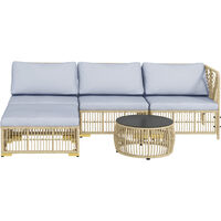 Outsunny Rattan Gartenmöbel-Set, 5-tlg. Balkonmöbel Set Sitzgarnitur mit Kissen, Gartengarnitur mit Eckofa, Hocker, Couchtisch, Terrassenmöbel-Set, Stahl, Hellgrau