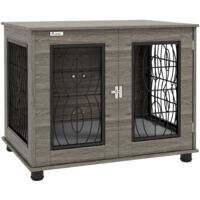PawHut Hundekäfig Möbel mit abschließbar Tür Kissen, Metall Hundebox für Zuhause Indoor Hundehütte für mittelgroße Hunde bis zu 20 kg Beistelltisch Hundehaus 80 x 56 x 63 cm Grau
