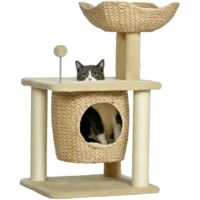 PawHut Katzen Kratzbaum Klein, 74 cm Katzenbaum mit Katzenhöhle, Spielball, Indoor Kletterturm mit Bett, Kratzmöbel für Katzen bis 5 kg, Beige