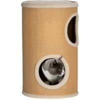 PawHut Kratztonne 60 cm Hoch Ø 35 cm zweistöckige Katzentonne mit Plüschrand, Katzenhöhle, Kratzbaum für Katze bis 5 kg, Braun