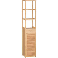 kleankin Badezimmerschrank Badschrank Aufbewahrungsschrank mit Schublade, drei Ablagen, offenes Fach, Bambus, Schrank Hochschrank für Badezimmer und Wohnzimmer, 32 x 30 x 163 cm Naturholz