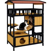 PawHut Katzenhaus aus Holz Katzenhöhle mit Plattformen, Hängebrück, Katzenhütte für bis zu 2 Katzen, Innen- und Außenbereich, Gelb