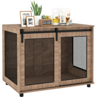 PawHut Hundekäfig Möbel mit 2 verschließbaren Schiebetüren Metall Erhöhte Hundebox für Zuhause Indoor Hundehütte für große Hunde bis zu 30 kg Hundehaus 98 x 60 x 78 cm, Nussbaum