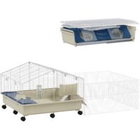 PawHut Kleintierkäfig mit Laufstall, Kaninchenkäfig, Kleintierstall mit Wasserflasche, Heufütterung, Futterschale, Rampe Nagerkäfig mit Rollen für Meerschweinchen und Igel Weiß