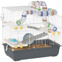 PawHut Hamsterkäfig 4 Etagen Nagerkäfig Kleintierkäfig mit Laufrad Futternapf Tunnel Hütte Obertür, Kleintierstall Käfig für Hamster Syrischer Hamster 78 x 45 x 73 cm, Grau
