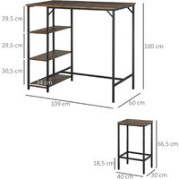 HOMCOM Bartisch-Set Stehtisch mit 2 Barhockern 3-teiliges Tischset Küchentresen mit Regale Spanplatte Stahl Rustikales Braun+Schwarz 109 x 60 x 100 cm