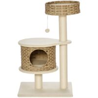 PawHut Kratzbaum 95 cm Katzenturm mit Höhle, Spielball, Sisalstämme, große Plattform, mehrstöckiger Katzenkratzbaum, Kletterbaum, für Katzen unter 5 kg, Natur+Beige