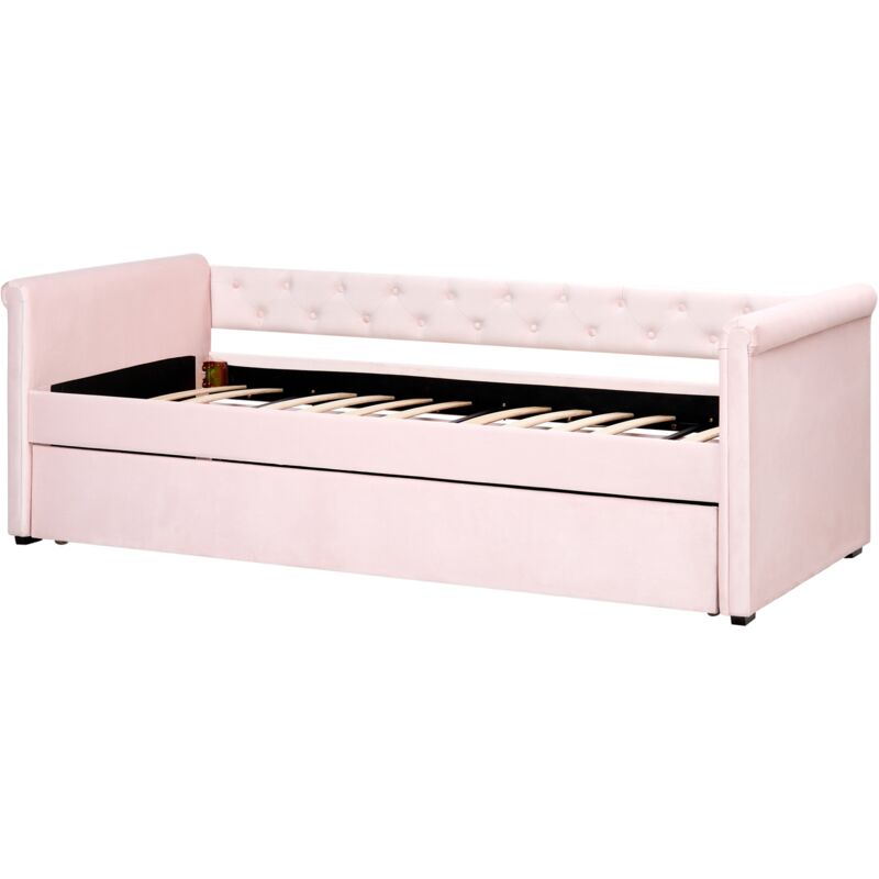 Cama Nido Tapizada Rosa Pastel 80x200 Cm - Con Somier Y Cabecero De Terciopelo - Estilo Libourne