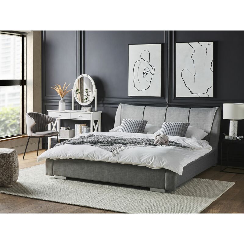 Cama 160 x 200 cm con cabecero capitoné - Lino - Gris claro + colchón -  KERANO - Vente-unique