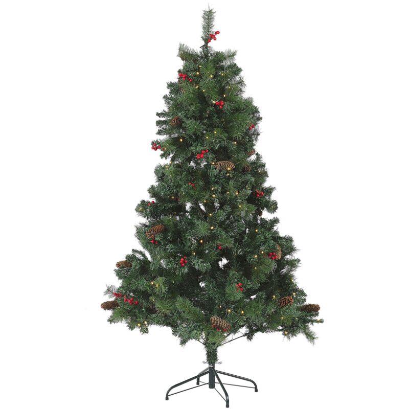 Árbol de Navidad artificial verde con luces LED incorporadas 180 cm ramas sintéticas conos fruta de acebo con soporte Jacinto