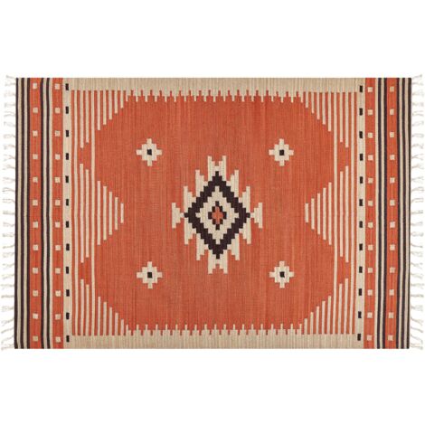 Alfombra kilim de algodón naranja beige marrón 140 x 200 cm geométrico borlas Gavar
