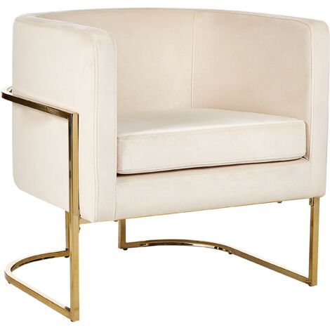 Sillón moderno elegante con respaldo redondeado tapizado en terciopelo beige claro decorativo estructura dorada Sirkka
