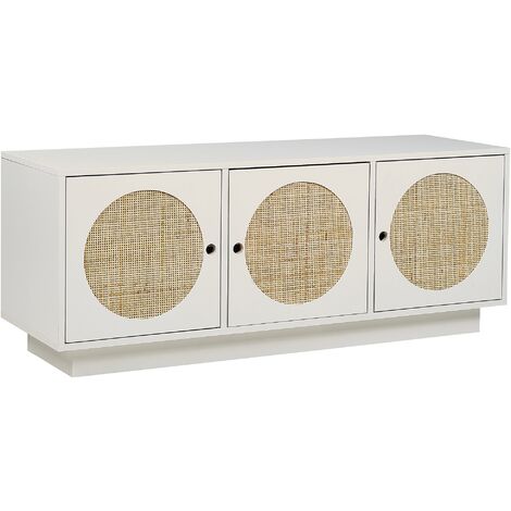 Aparador 3 puertas frente ratán MDF tiradores agujero aparador armario sala de estar dormitorio estilo boho blanco