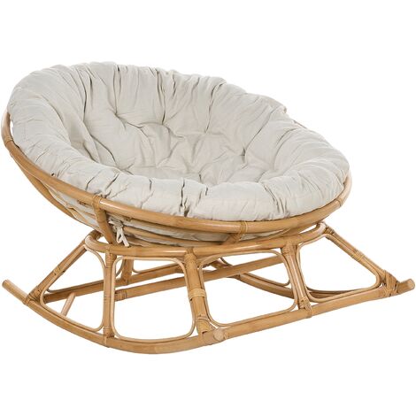 Silla mecedora boho ratán beige claro cojines tela algodón resistencia media interior natural Orvieto (1/5)