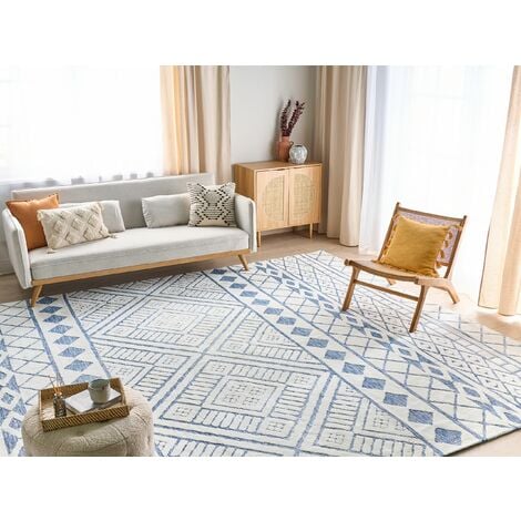 Alfombra moderna 300 x 400 cm poliéster algodón decorativa sala de estar  dormitorio blanco y azul