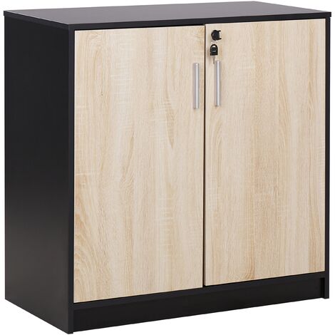 Moderna taquilla de almacenamiento con 2 puertas y estantes negro y madera clara 80cm Zehna (1/5)