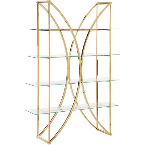 Librería de acero de 4 niveles con estantes de cristal estilo glamuroso con estructura dorada Hollow (1/5)