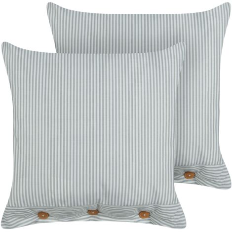 Conjunto de 2 cojines decorativos modernos cuadrado botones estampado a rayas verde y blanco 45 x 45 cm Sebrine (1/5)