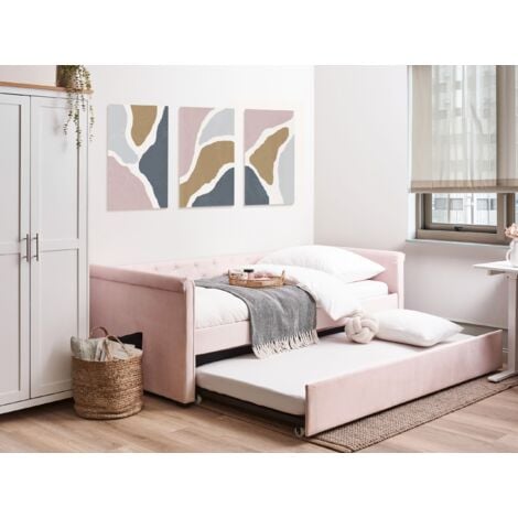Cama Nido Tapizada Rosa Pastel 80x200 Cm - Con Somier Y Cabecero De Terciopelo - Estilo Libourne