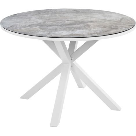 Mesa de jardín moderna aluminio ⌀ 120 cm patas de aluminio tablero de vidrio cerámico blanco efecto mármol Maletto