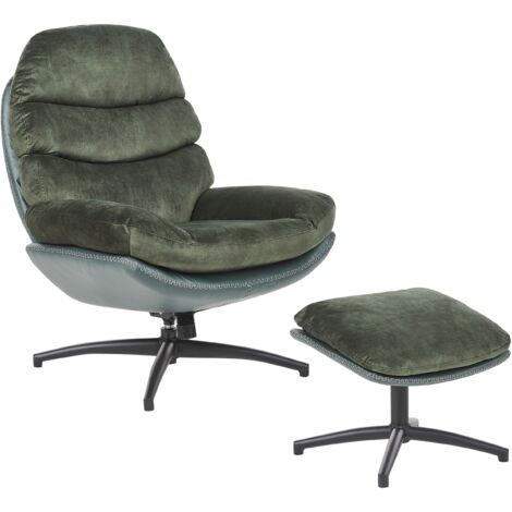 Sillón giratorio de terciopelo con reposapiés base simple estilo mediados de siglo verde Eide