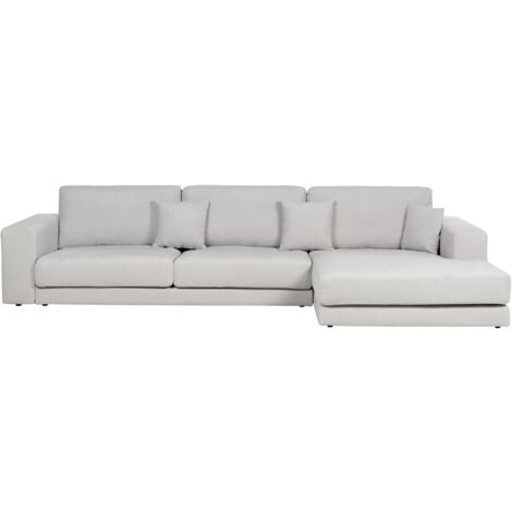 Sofá esquinero estilo minimalista tapizado en tela con cojines adicionales 4 plazas a la izquierda en color gris claro Lofoten