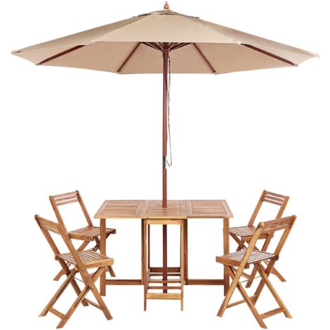 Conjunto de jardín 6 piezas mesa de exterior 4 sillas plegable de madera de acacia con sombrilla Frassine (1/5)