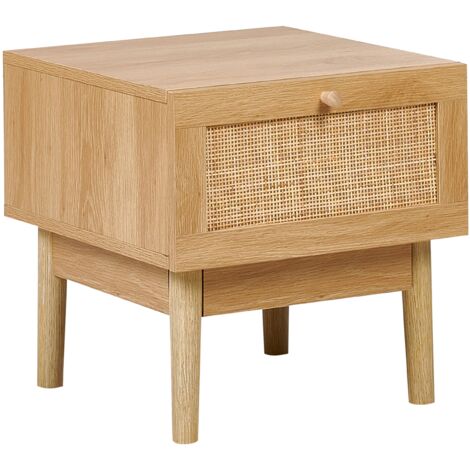 Mesita de noche tablero de partículas madera de pino cajón frente ratán estilo boho madera clara Nivo (1/5)